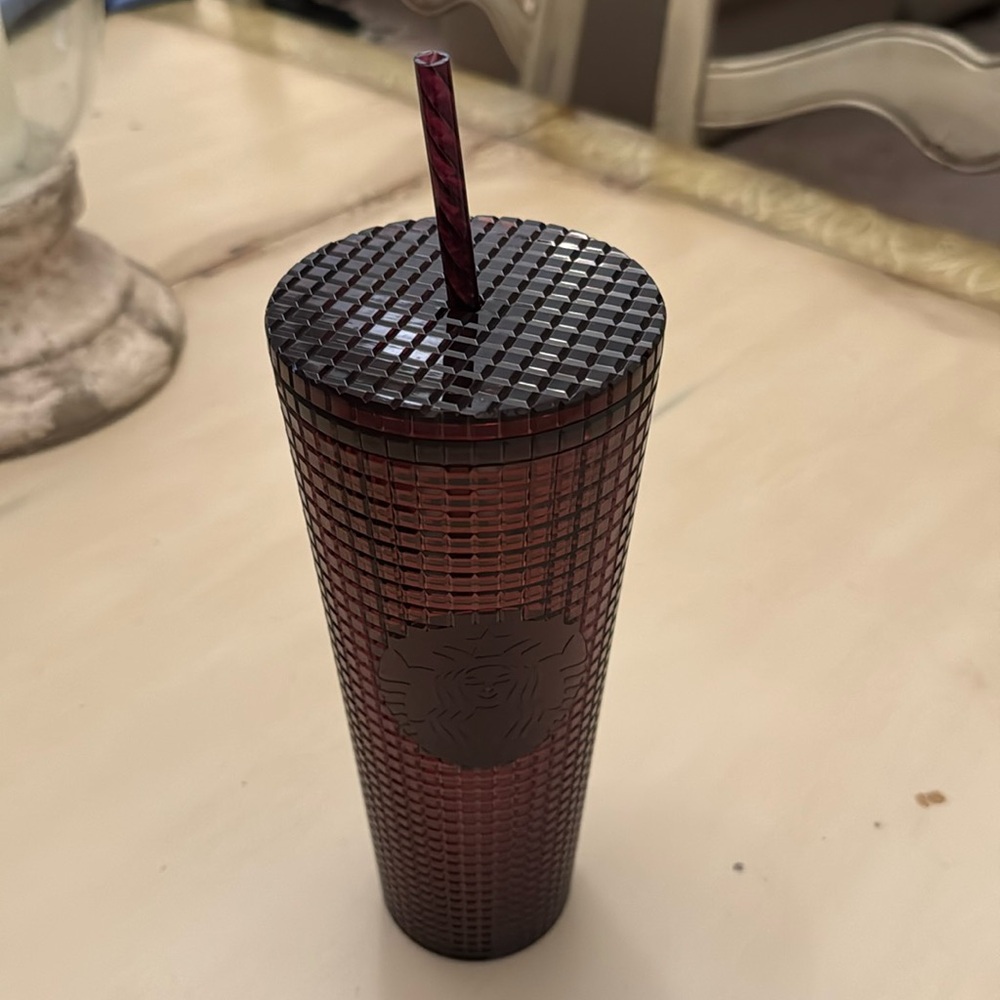 Starbucks 24 oz Burgundy Grid Pattern Tumbler